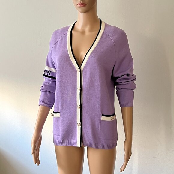St. John Jacket S Lilac Santana Knit 6 Pearl Buttons Pockets White Black Trim
